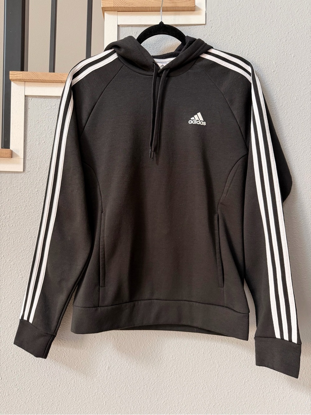 adidas Essentials 3-Stripes Fleece Hoodie Black White Size Small